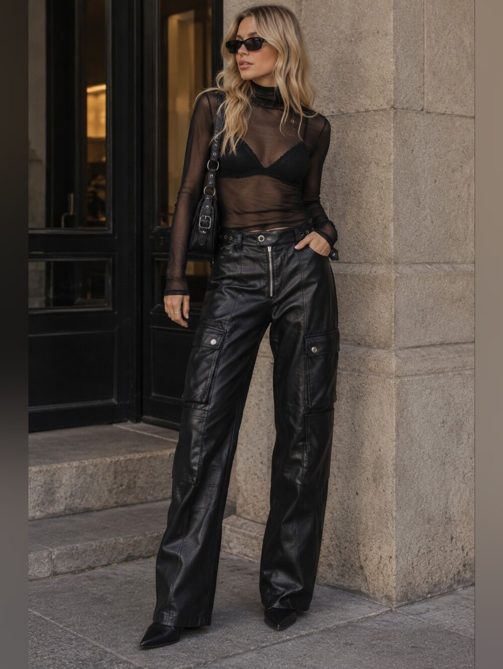 WeWoreWhat Black Faux Leather Cargo Pants Size 26 Moto Utility Buckle Y2K